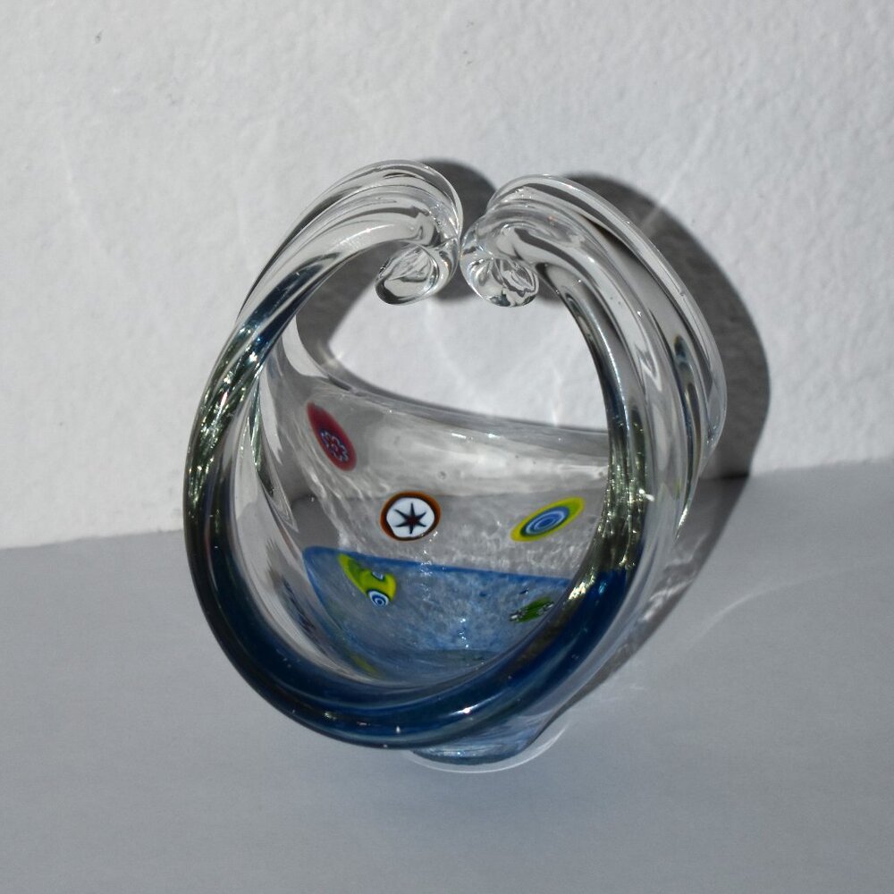 Murano Style Millefiori Art‎ Glass Basket Blue Clear Sommerso Excellent 5in